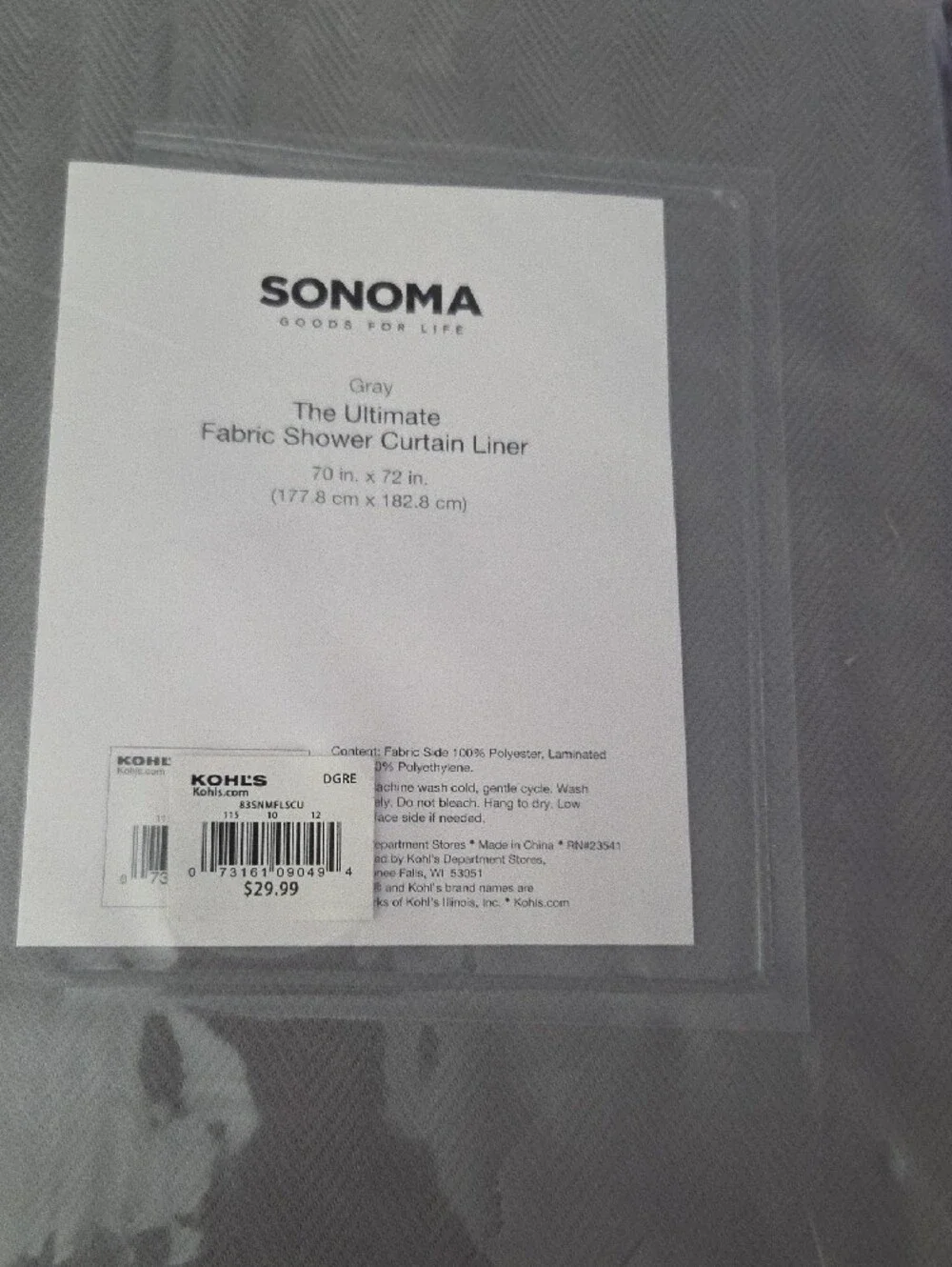 SONOMA Gray Fabric Shower Curtain Liner - Solid Gray